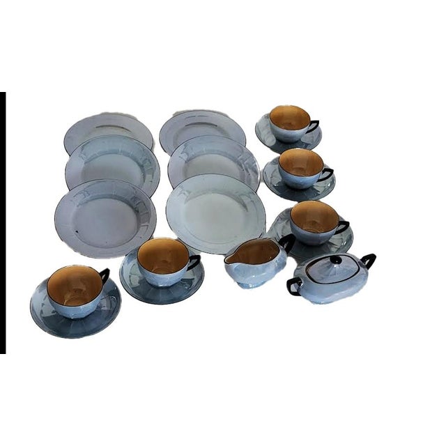 Mid-Century Modern 1930s Art Deco Victoria Czechoslovakia Powder Blue & Peach Lusterware Tea Service - 18 pcs For Sale - Image 3 of 8