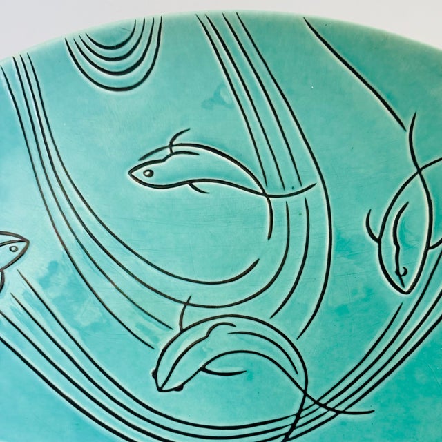 Large Mid Century Ceramic Fish Serving Bowl on Metal Base by Roselane Pottery For Sale - Image 10 of 17