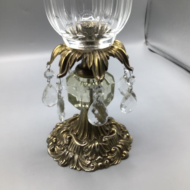 Hurricane Candle Holder Brass Base and Crystal Bowl With Hanging Crystals For Sale - Image 10 of 12
