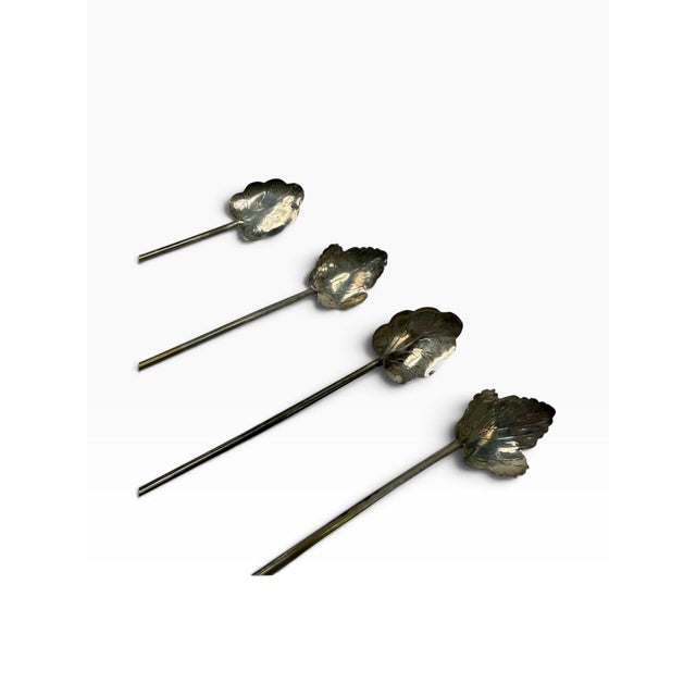 Mexican Vintage Mid-Century Mexican Taxco Sterling Silver Leaf Straw Spoons - Set of 6 For Sale - Image 3 of 7