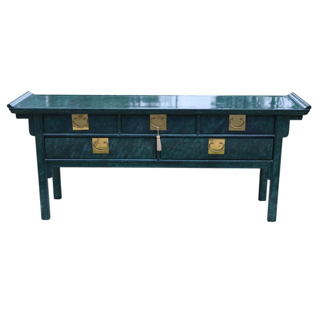 Century Furniture Vintage Century Furniture Faux-Malachite Green Pagoda Console Sideboard With Brass Hardware, Attributed For Sale - Image 4 of 18