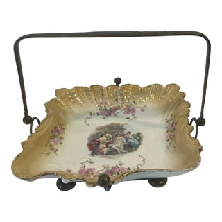 1946 Hand Painted Bowl With Metal Caddy For Sale