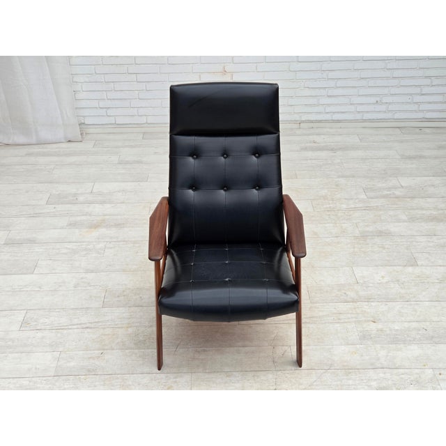 Black Danish Armchair in Black Artificial Leather and Teak Wood, 1970s For Sale - Image 8 of 18
