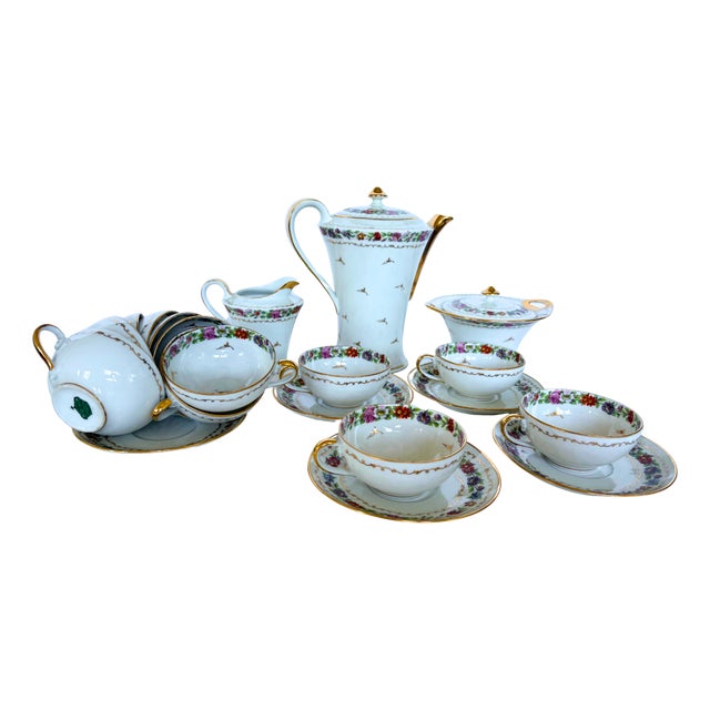Bridal Edit Heirloom Porcelain Tea Service with Floral Garland and Butterflies by Theodore Haviland for Limoges, 1900s, Set of 18 For Sale