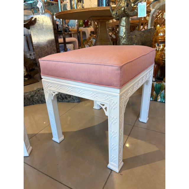 1970s Vintage Kindel Pair of Benches Ottomans Fretwork Fret Upholstered Lacquered Chinoiserie For Sale - Image 5 of 13