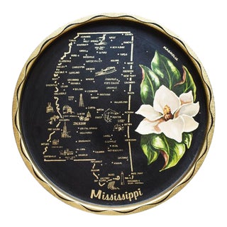 Round Mississippi Magnolia Tin Serving Tray in Black and Cream For Sale