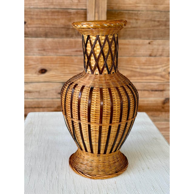 Mid-Century Modern Vintage Boho Handmade Rattan & Ceramic Mixed-Material Vase For Sale - Image 3 of 11