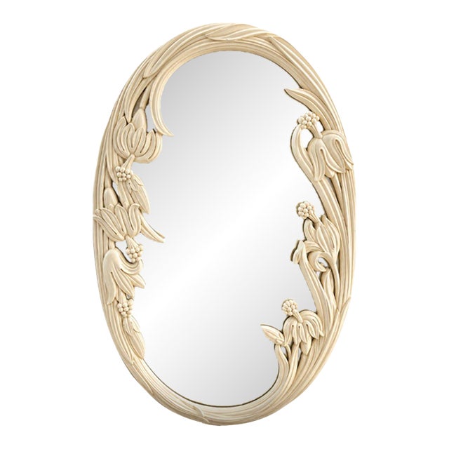 1950s Hand Carved Floral Mirror, Oval Shaped Wall Decor, 48.5-Inch Tall For Sale
