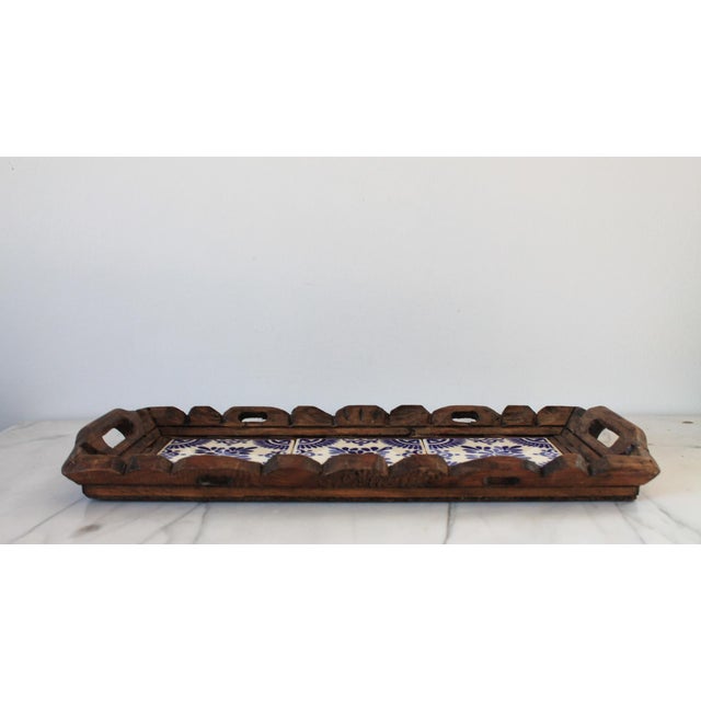 Vintage Hand Carved Mexican Wood and Ceramic Tile Tray For Sale - Image 4 of 9