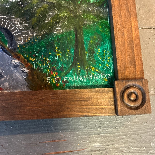 Folk Art 1970’s Original Folk Art Fisherman Under Bridge Landscape Painting For Sale - Image 3 of 4