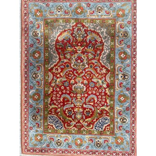 Nice mid century French Janus rug with beautiful oriental antique rugs design and nice colours with a red field, green,...