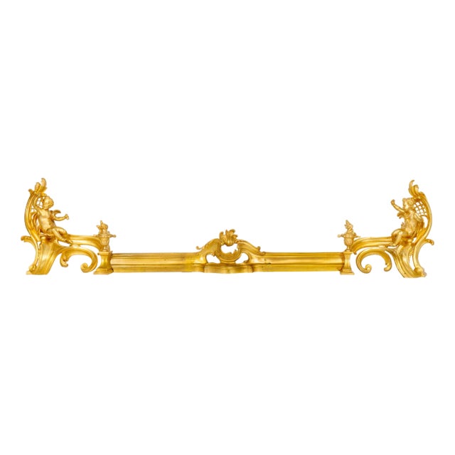 Antique Gilt Bronze Fireplace Fender With Chenets by Bouhon, Paris For Sale