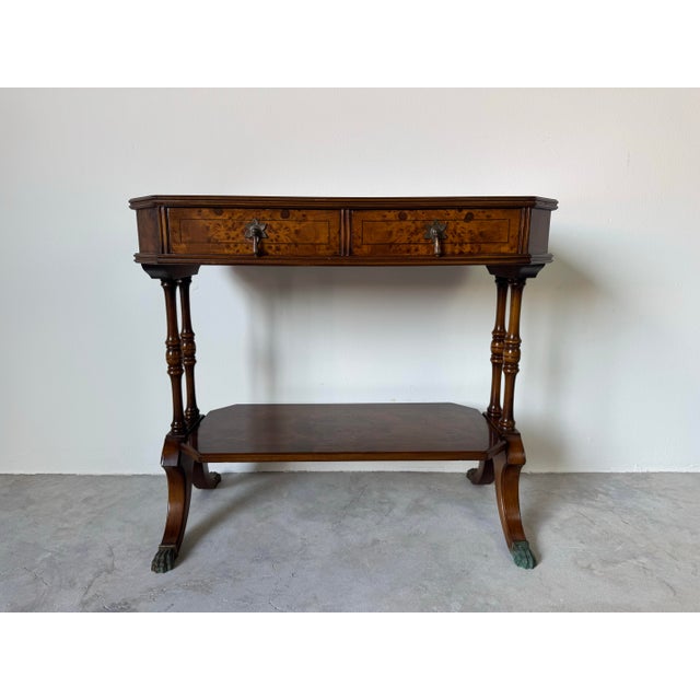 Hollywood Regency SOLDHollywood Regency Burl Walnut Small Console Table With Two Dovetailed Drawers & Lower Shelf For Sale - Image 3 of 12