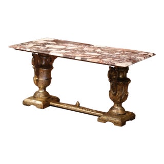 19th Century Italian Marble Top Carved Silver Leaf Trestle Coffee Table For Sale