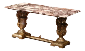 19th Century Italian Marble Top Carved Silver Leaf Trestle Coffee Table