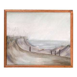 Signed 1970s Seaside Framed Painting of Ocean and Beach Dunes in Gray Blue and Brown For Sale
