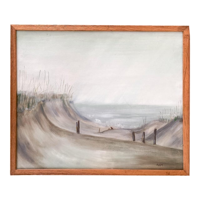 Signed 1970s Seaside Framed Painting of Ocean and Beach Dunes in Gray Blue and Brown For Sale
