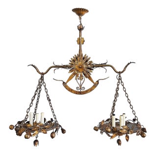 Mid 20th Century Italian Gilt Floral Tole Hanging Scales of Justice Chandelier For Sale