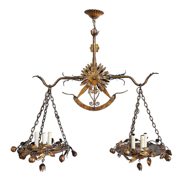 Mid 20th Century Italian Gilt Floral Tole Hanging Scales of Justice Chandelier For Sale