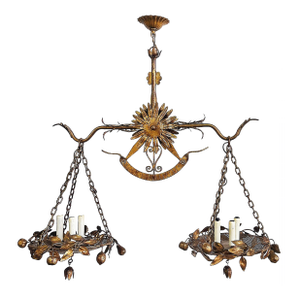 Mid 20th Century Italian Gilt Floral Tole Hanging Scales of Justice Chandelier