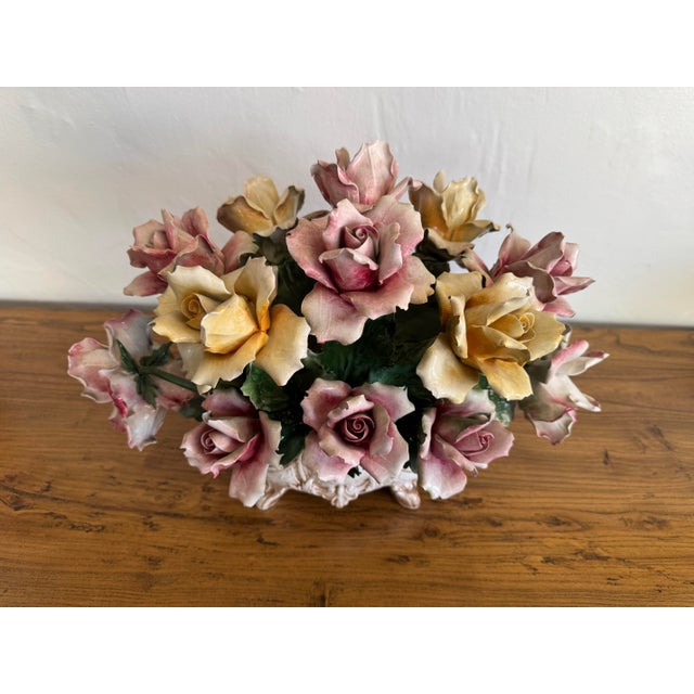 1960s 1960's Capodimonte Italian Porcelain Rose Flower Basket Centerpiece, Footed Rococo Floral Bouquet Sculpture For Sale - Image 5 of 11