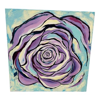 P. Black Signed Pop Art Stylized Teal + Lavender Rose Acrylic Painting For Sale