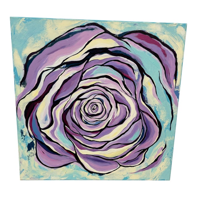 P. Black Signed Pop Art Stylized Teal + Lavender Rose Acrylic Painting For Sale