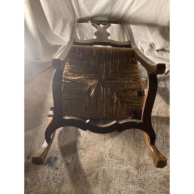 Mid 18th Century This Is a 19th-Century Venetian Baroque Armchair Crafted From Hand-Carved Walnut With a Hand-Woven Rush Seat. Hand Carved Walnut Rustic Arm Chair. For Sale - Image 5 of 9
