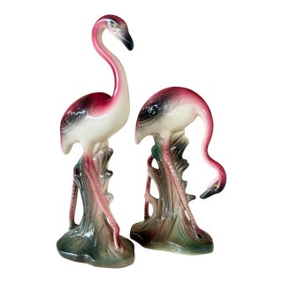 Mid-20th Century Ceramic Coastal Flamingo Figurines – Set of Two For Sale