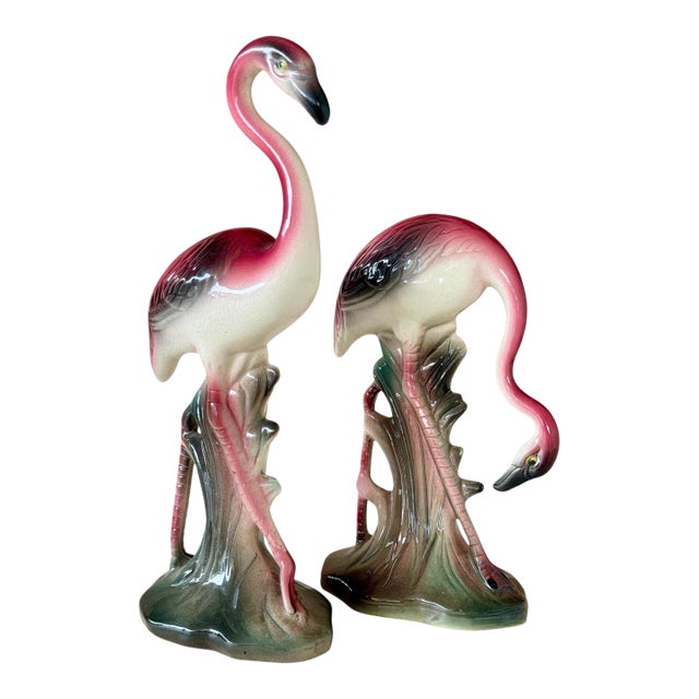 Mid-20th Century Ceramic Coastal Flamingo Figurines – Set of Two For Sale
