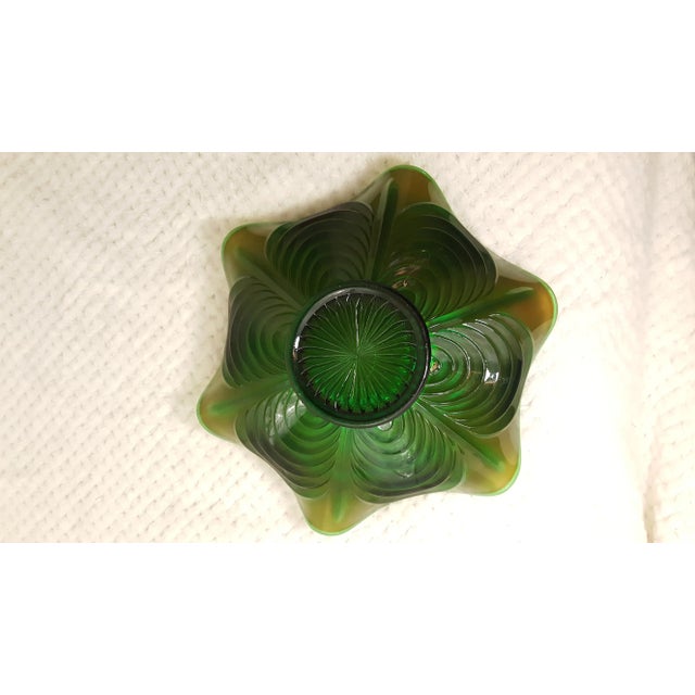 Art Deco Fenton Cut Arcs Green Carnival Glass Bowl For Sale - Image 3 of 6