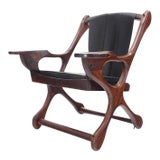 Vintage Mid Century Heavy Rosewood Frame Leather Upholstery Lounge Chair For Sale