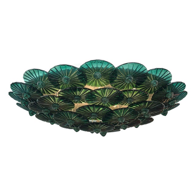 Deep teal Murano glass flush mount by Carlo Nason crafted on the island of Murano outside of Venice, Italy. This...