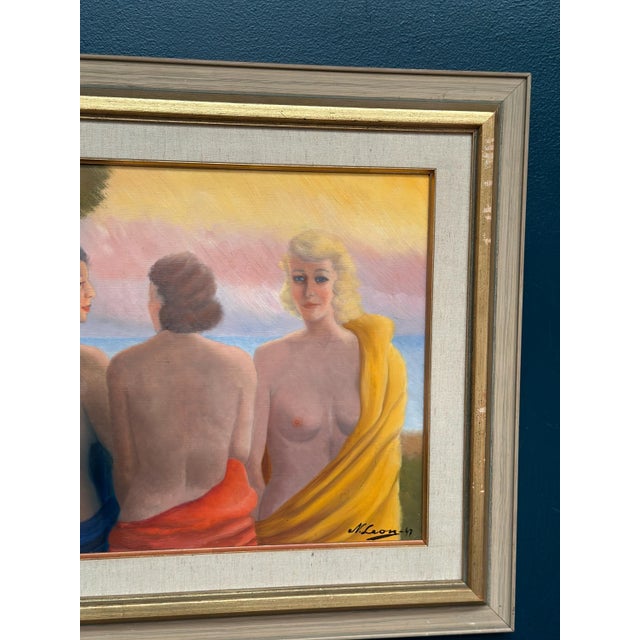 N. Leon, Three Women, 1947, Oil Painting on Panel, Framed For Sale - Image 11 of 18