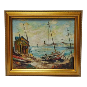 Impressionist Sailboat Seascape Vintage Oil Painting Framed 12.5"x14.5"