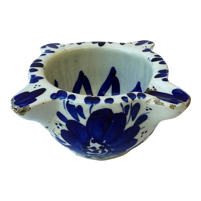 Antique French Hand-Painted Stoneware Mortar – Blue & White Pottery – Early 20th Century For Sale