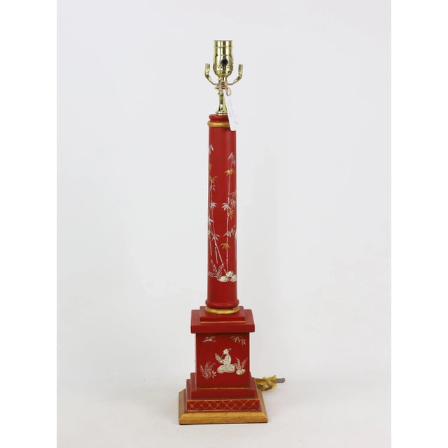 Brick Red Pair of Retro Obelisk Wooden Hand Painted Chnoiseries Column Table Lamp For Sale - Image 8 of 11