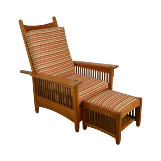 Mission Style Studio Hand Crafted Cherry & Walnut Spindled Morris Chair W/ Foot Stool For Sale