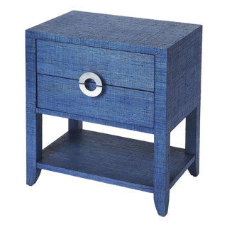 Amelle 24 in. W Rectangular Raffia 2 Drawer Nightstand with Lower Open Shelf, Blue Raffia For Sale