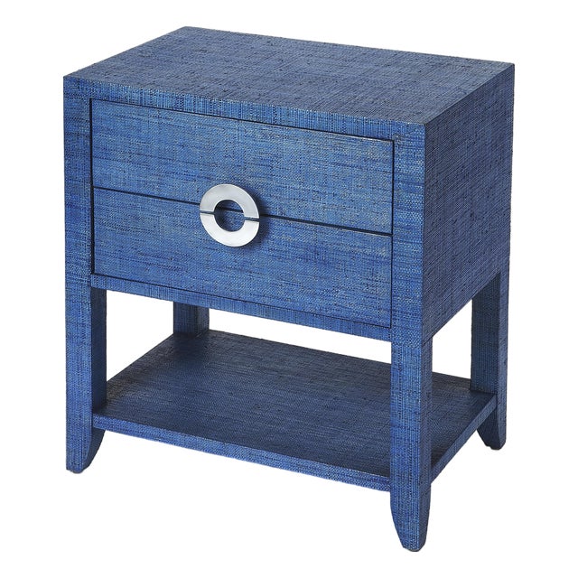 Amelle 24 in. W Rectangular Raffia 2 Drawer Nightstand with Lower Open Shelf, Blue Raffia For Sale