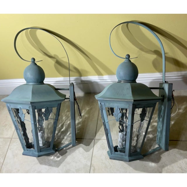 American Large Pair of Handcrafted Solid Brass Wall Lanterns For Sale - Image 3 of 11