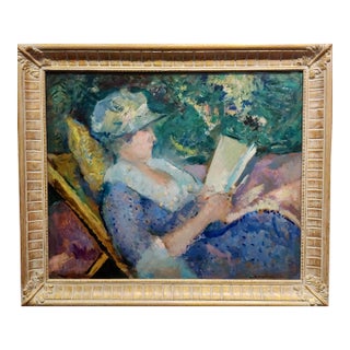 Louis Ritman -Woman Reading a Book in the Garden -1917 Oil Painting For Sale