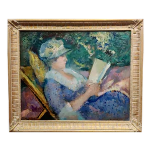Louis Ritman -Woman Reading a Book in the Garden -1917 Oil Painting