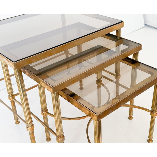 French Nesting Tables of Brass With Smoked Glass For Sale - Image 9 of 18