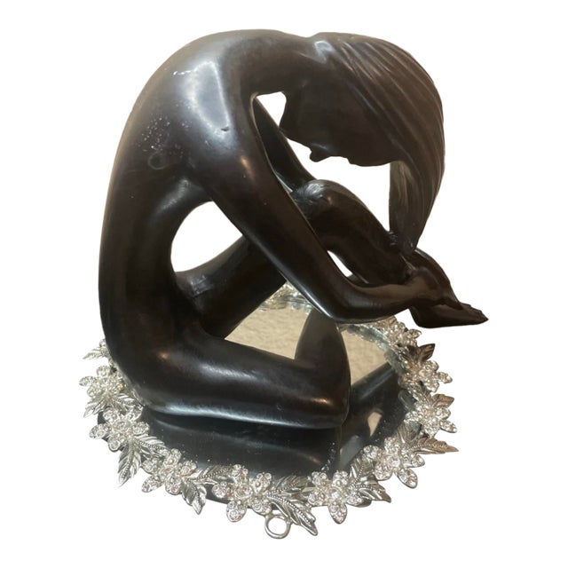 Gorgeous 1985 Austin Sculpture Black Nude Kneeling Lady With Long Tresses For Sale