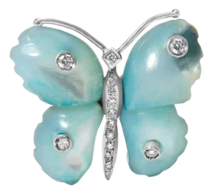 18K White Gold Blue Mother of Pearl and Diamond Accent Butterfly Pin Brooch (F-G Color, VS1-VS2 Clarity)