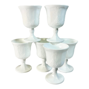 1970s Vintage Americana Arts & Crafts Indiana Glass Grape Milk Glass Water/Wine Goblets - Set of 6