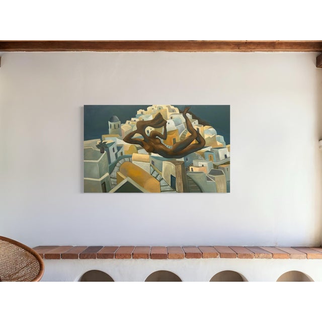 Textile Marc Zimmerman "Santorini" Oil Painting, Greek Island Architecture, Blue-Grey Palette, Gnarled Tree, Contemplative, Contemporary Art West Coast For Sale - Image 7 of 8