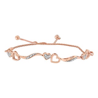 14K Rose Gold Plated .925 Sterling Silver 1/10 Cttw Diamond Wave and Hearts 4���-10��� Adjustable Bolo Bracelet (I-J Color, I3 Clarity) For Sale