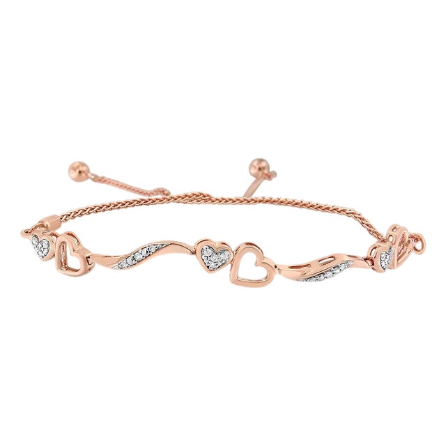 14K Rose Gold Plated .925 Sterling Silver 1/10 Cttw Diamond Wave and Hearts Adjustable Bolo Bracelet (I-J Color, I3 Clarity) For Sale